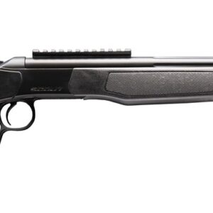 Modern black bolt-action rifle on white background