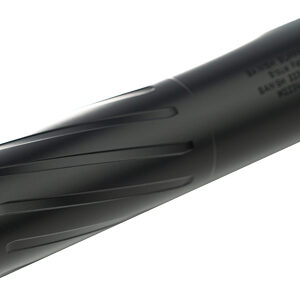 Black cylindrical firearm suppressor on white background