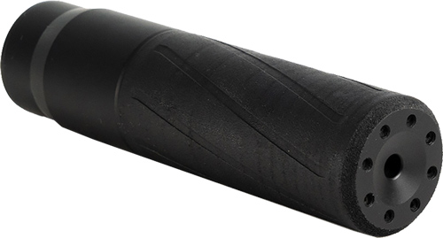 Black cylindrical firearm suppressor on white background