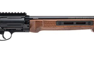 Long-barreled revolver with wooden grip