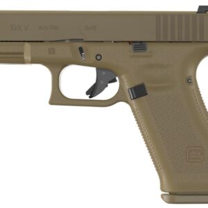Tan Glock 19X handgun, model 9x19, side view.