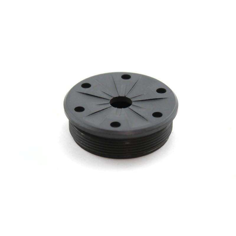 Black threaded circular plastic cap with center hole