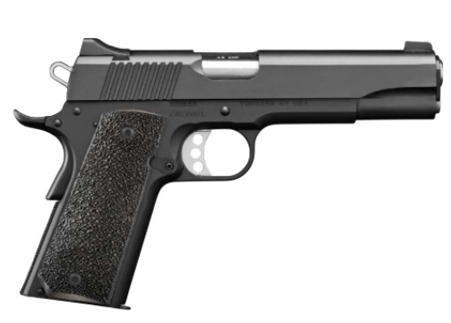 Black semi-automatic handgun on a white background
