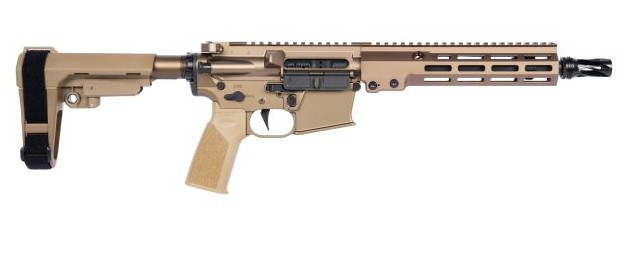 Tan semi-automatic rifle with adjustable stock.