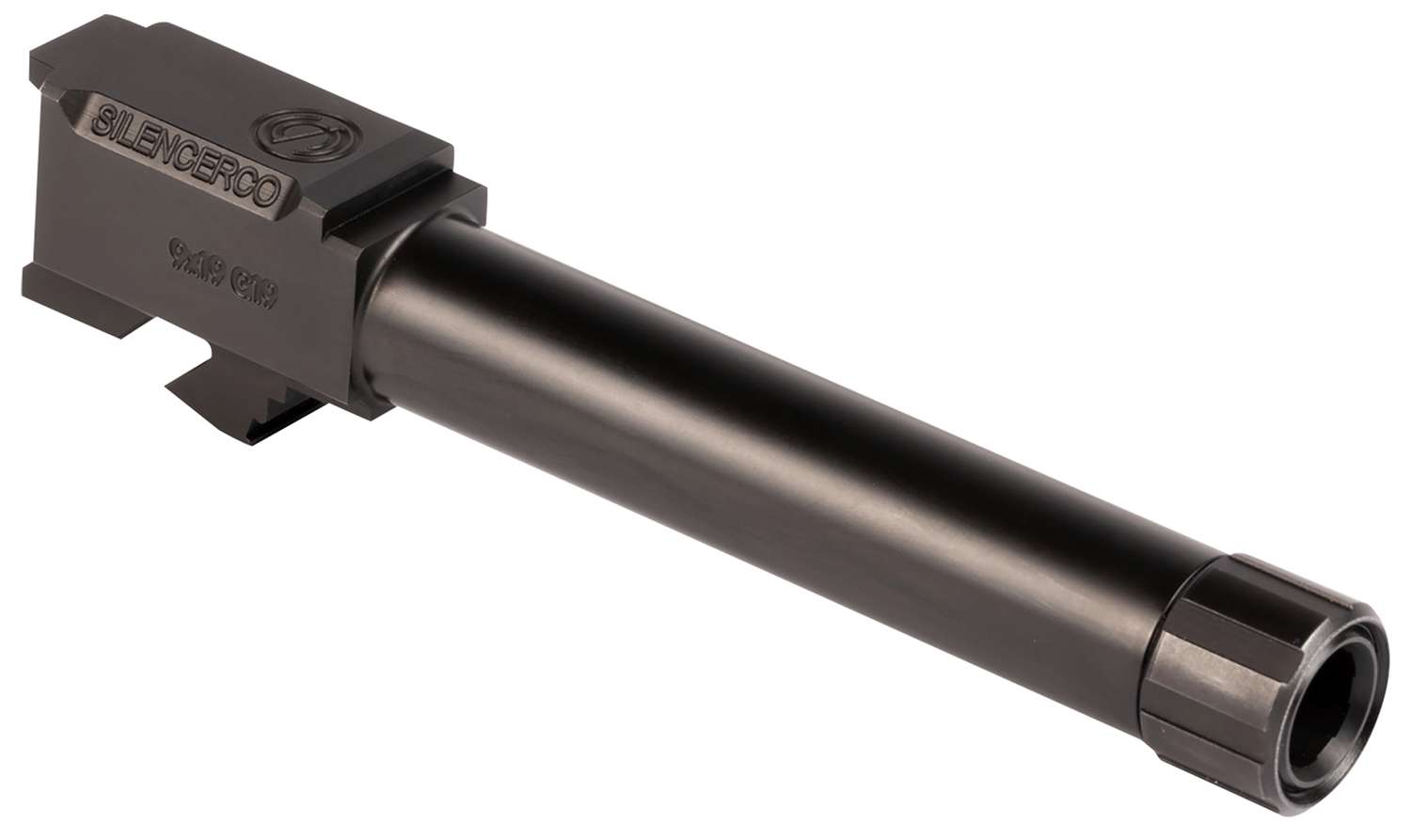 Handgun barrel with attached suppressor on white background