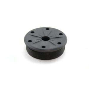 Black threaded circular plastic component with center hole