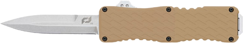 Tan OTF automatic knife with blade extended