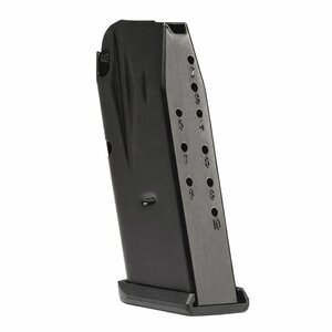 Black pistol magazine with numbered witness holes