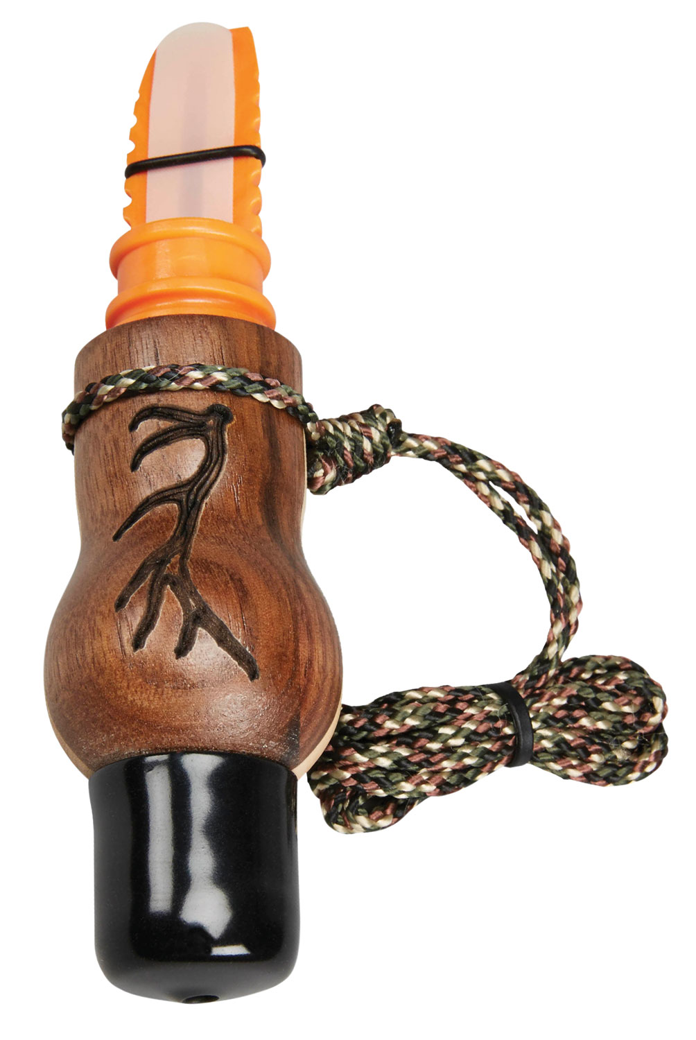 Wooden duck call with braided camouflage lanyard