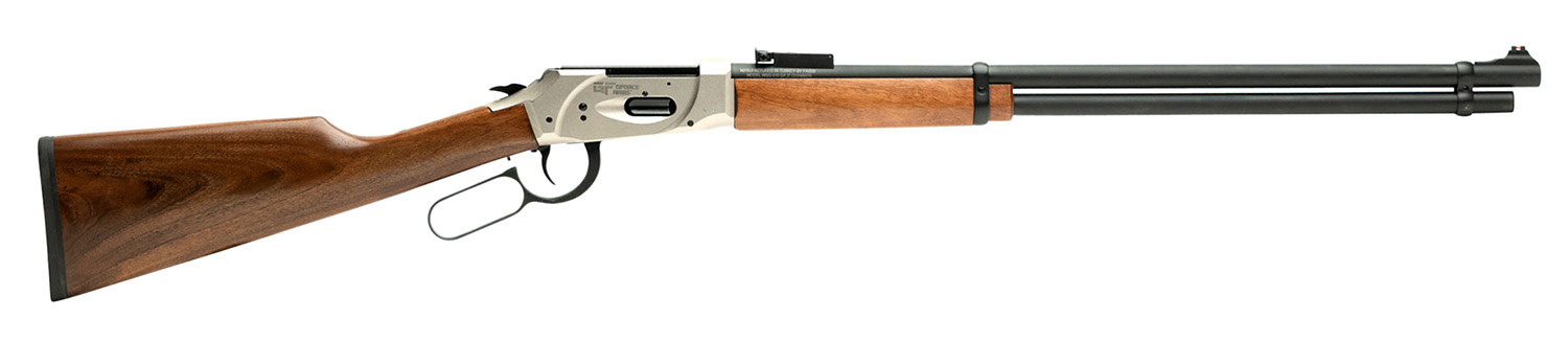 Lever-action rifle with wooden stock on white