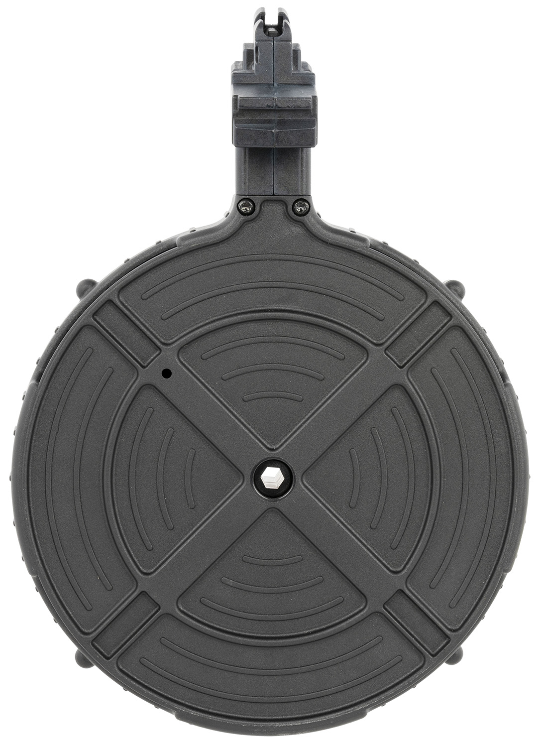 Black rifle drum magazine isolated on white background