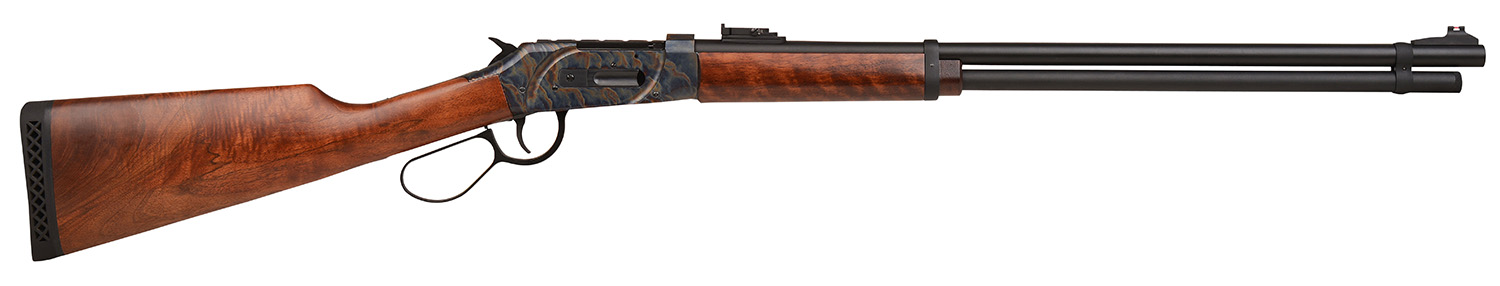 Lever-action rifle with wooden stock and long barrel