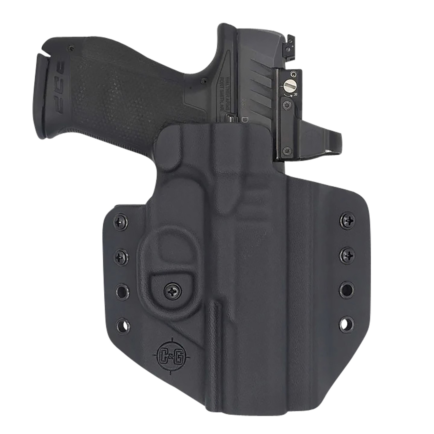 Black handgun in Kydex holster with optic sight