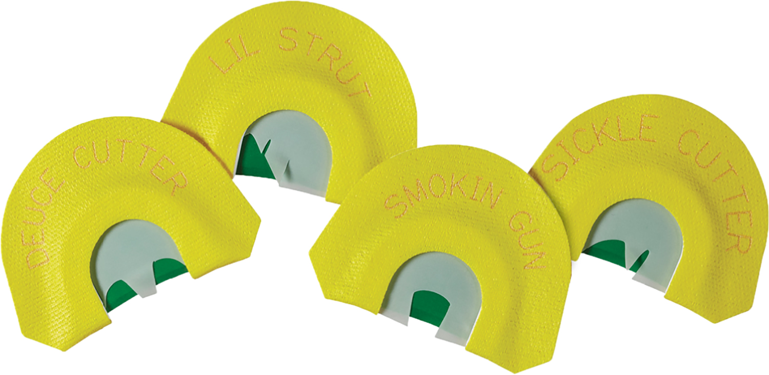 Four yellow turkey diaphragm calls with labels