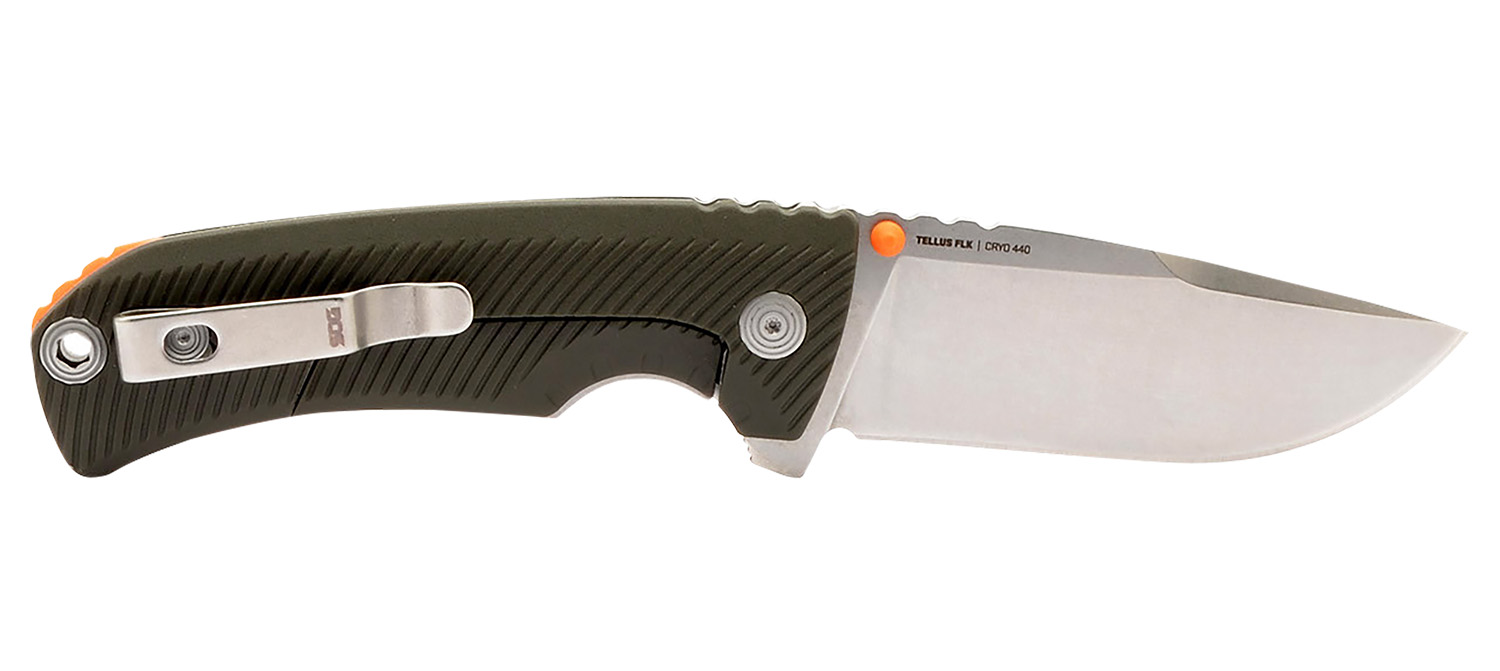 Foldable knife with textured handle design.