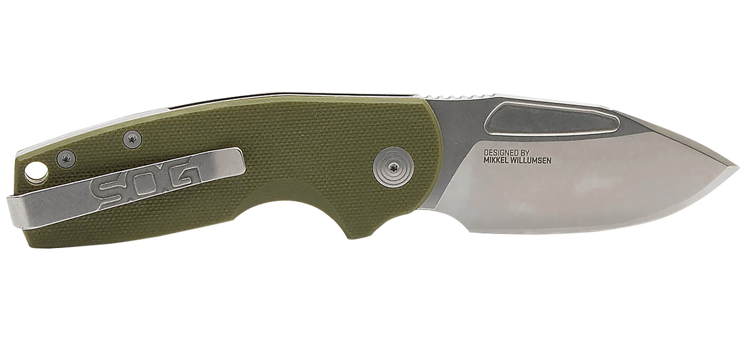 SOG folding knife with green handle and stainless blade.