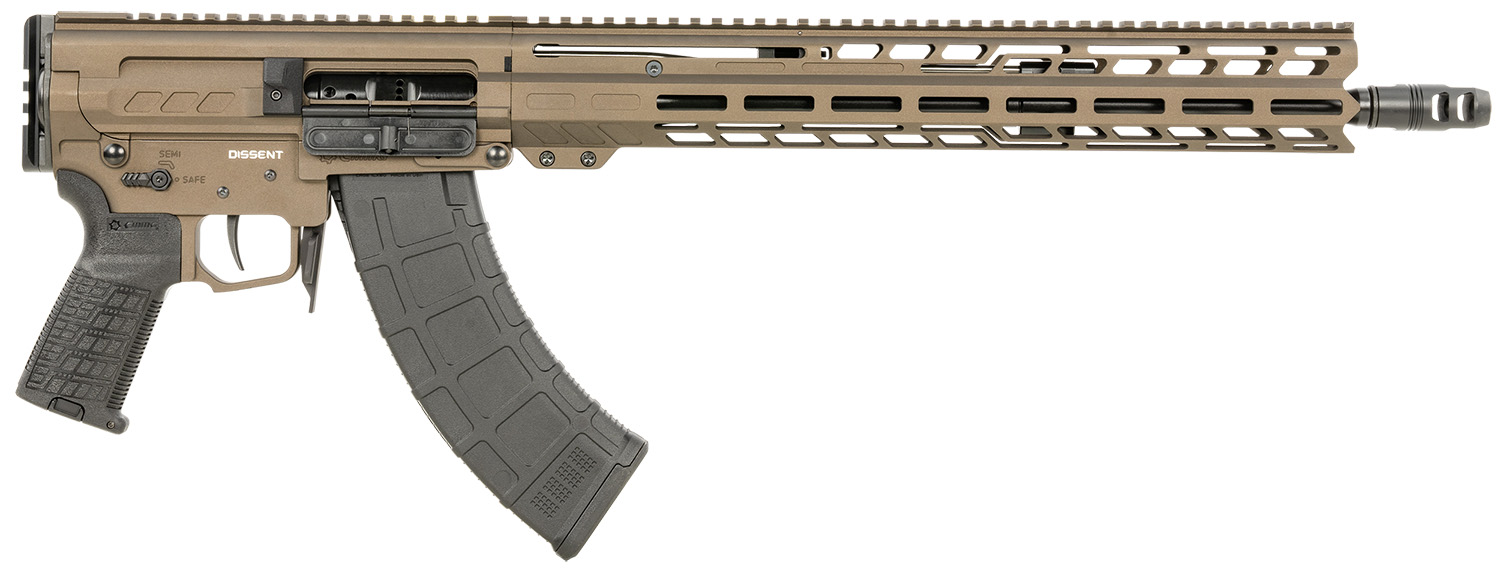 Modern firearm with tan finish.