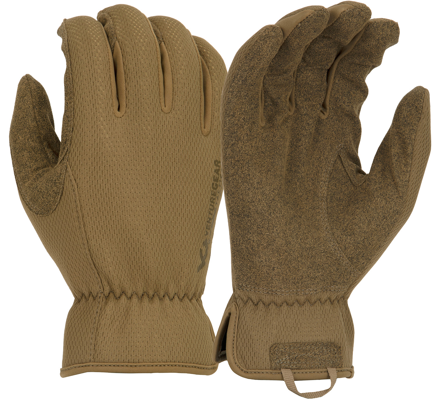 Pair of tan tactical gloves front and back