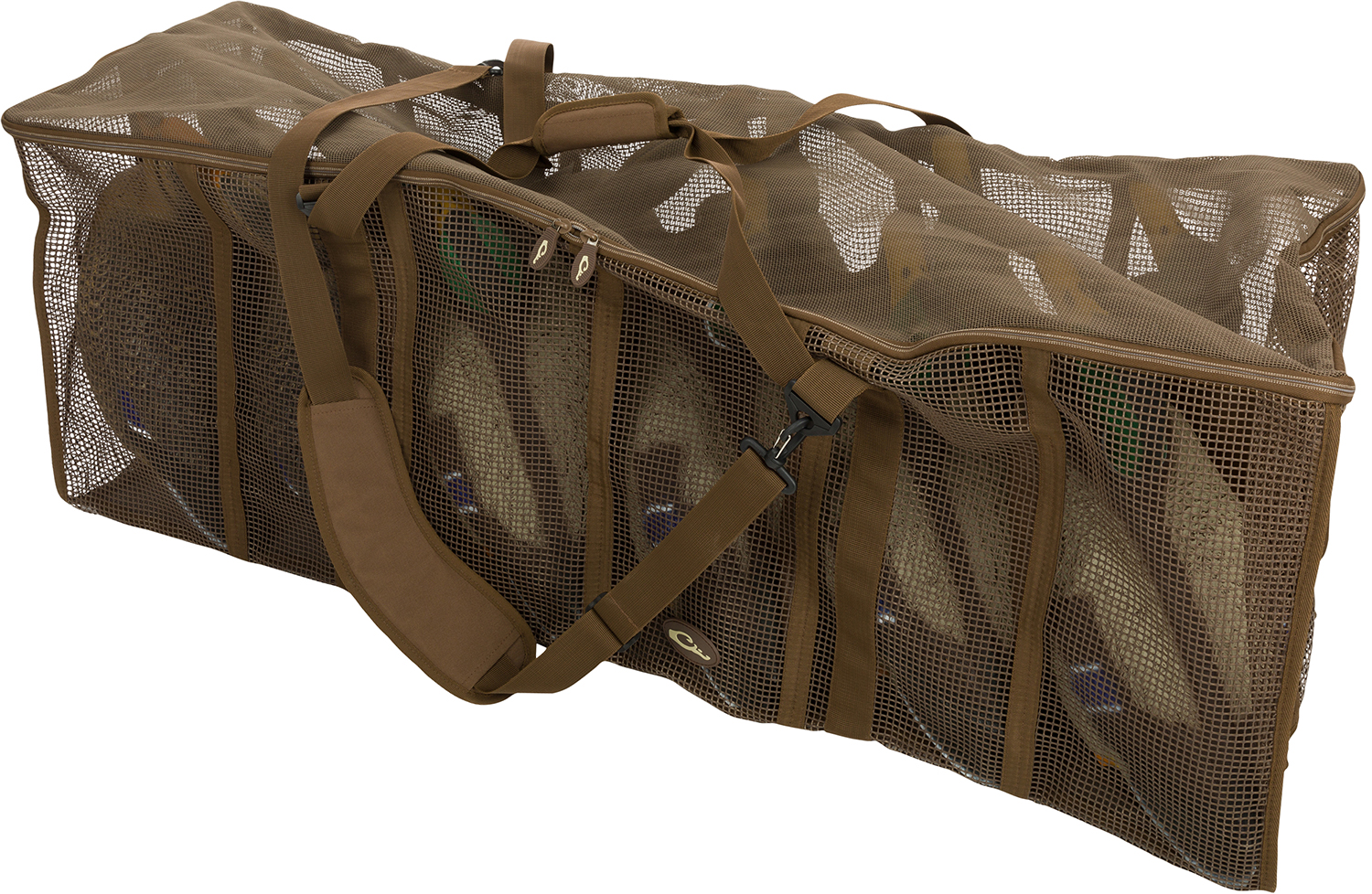 Brown mesh hunting decoy bag with shoulder strap