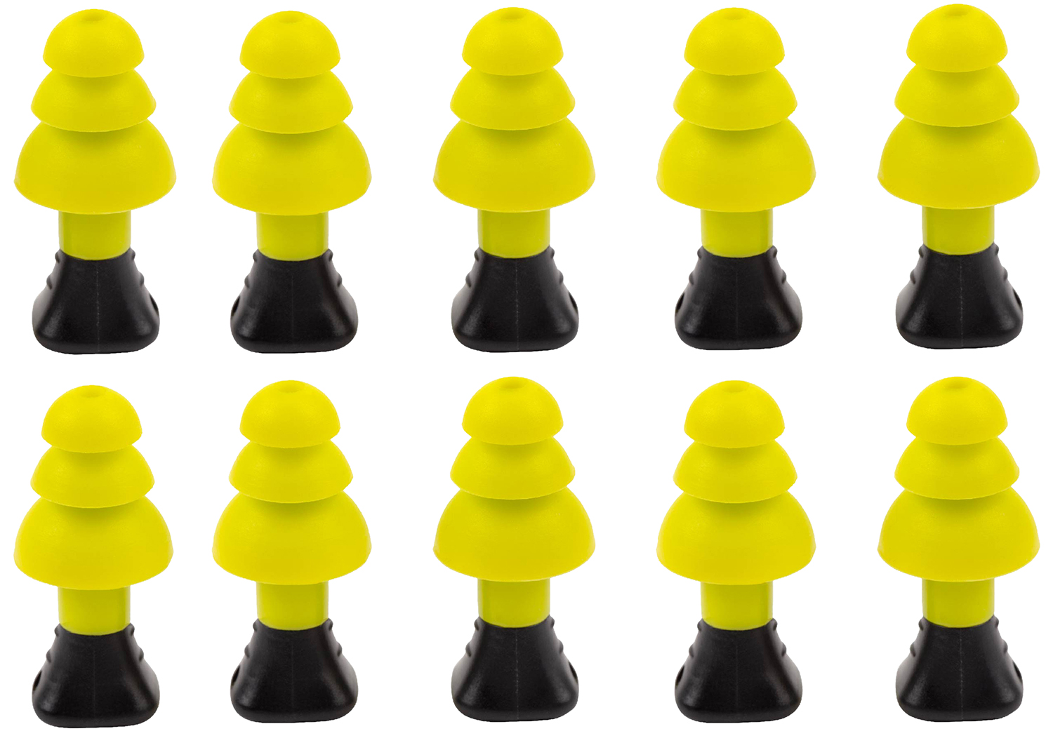 Set of yellow reusable earplugs with black bases