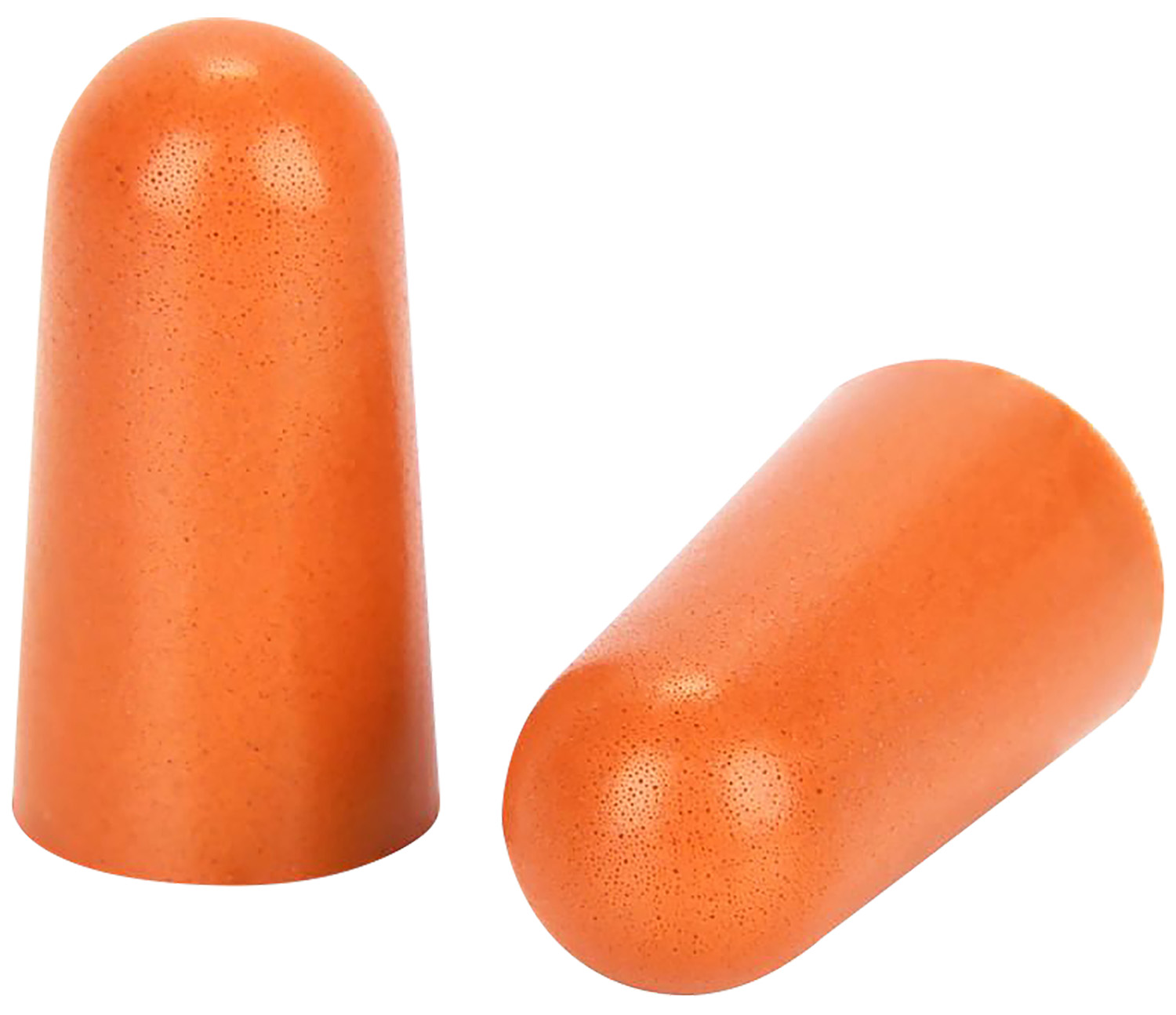 Two orange foam earplugs on white background