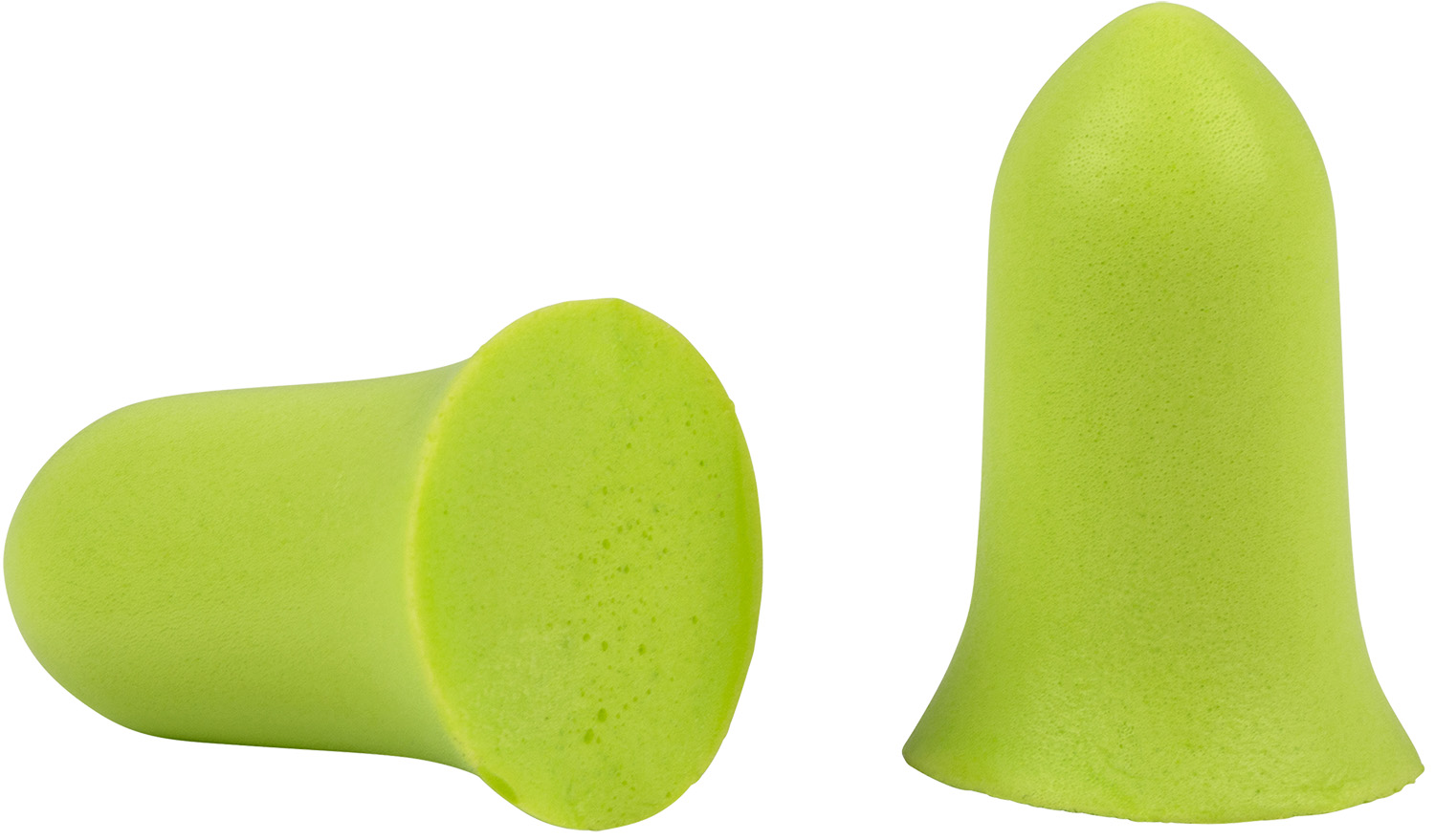 Two green foam earplugs on white background