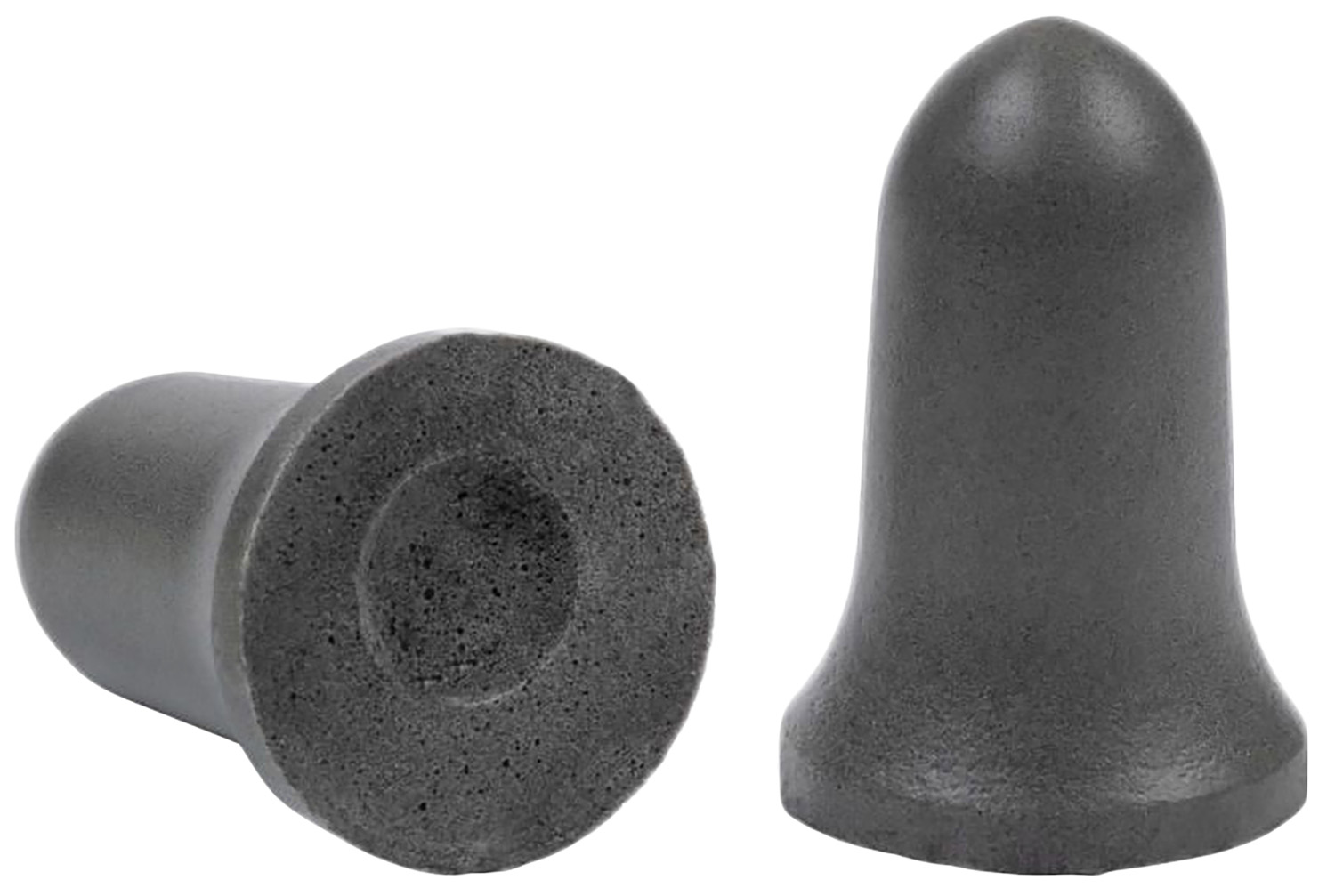 Two black foam earplugs on white background