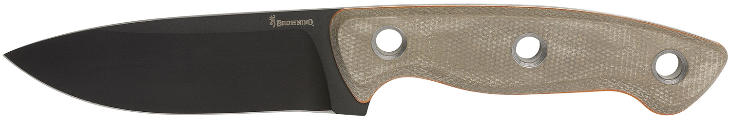 Fixed-blade knife with black blade and tan handle