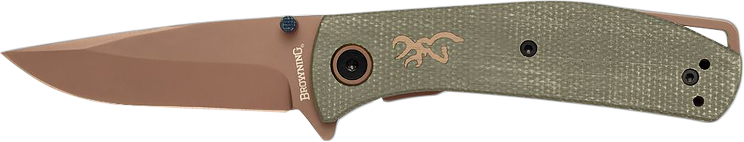Browning folding knife with tan blade and green handle