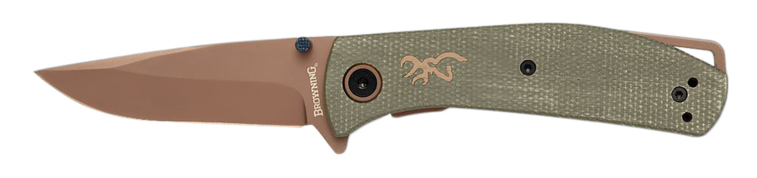 Browning folding knife with green handle and bronze blade
