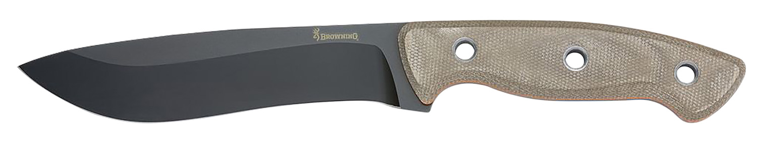 Black fixed-blade knife with tan handle