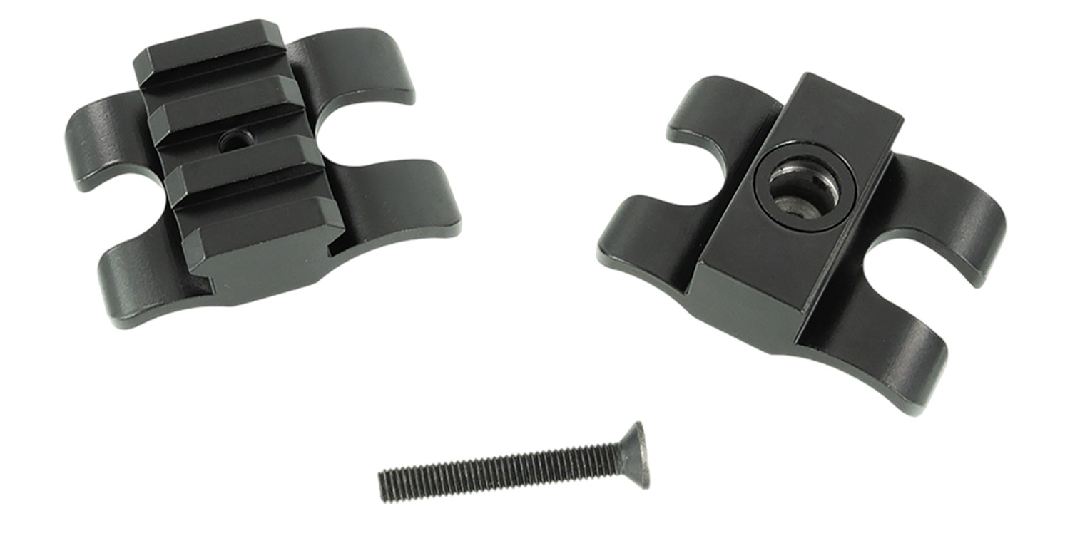 Black metal mounting brackets with screw on white background