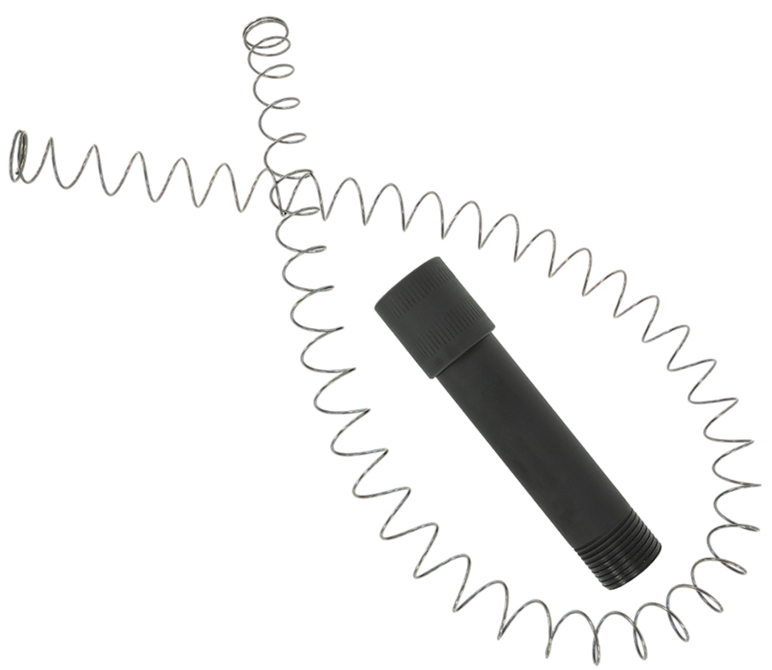 Black threaded metal cylinder with surrounding coil spring