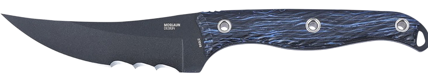 Black fixed-blade knife with textured blue handle