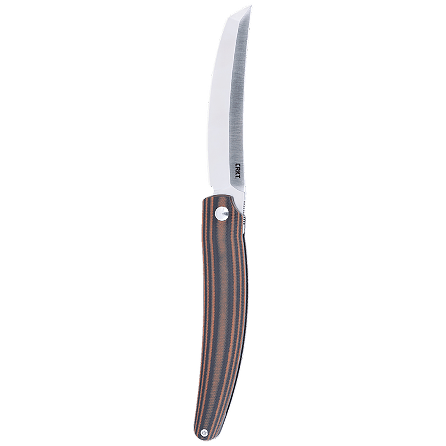 Folding knife with curved blade and striped handle