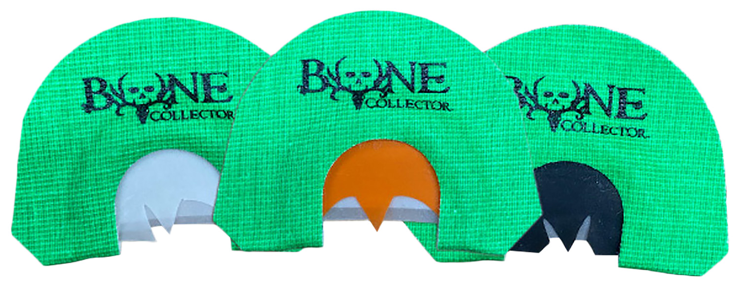 Three green Bone Collector turkey diaphragm calls