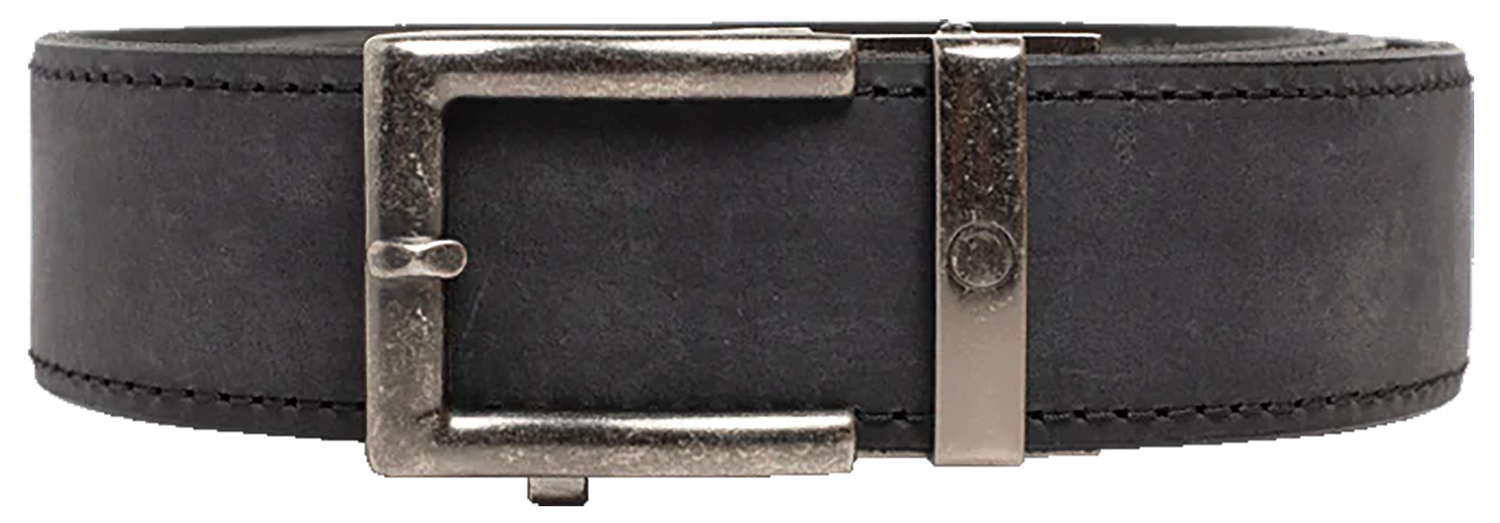 Black leather belt with metal buckle