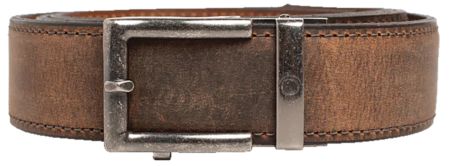 Brown leather belt with metal buckle