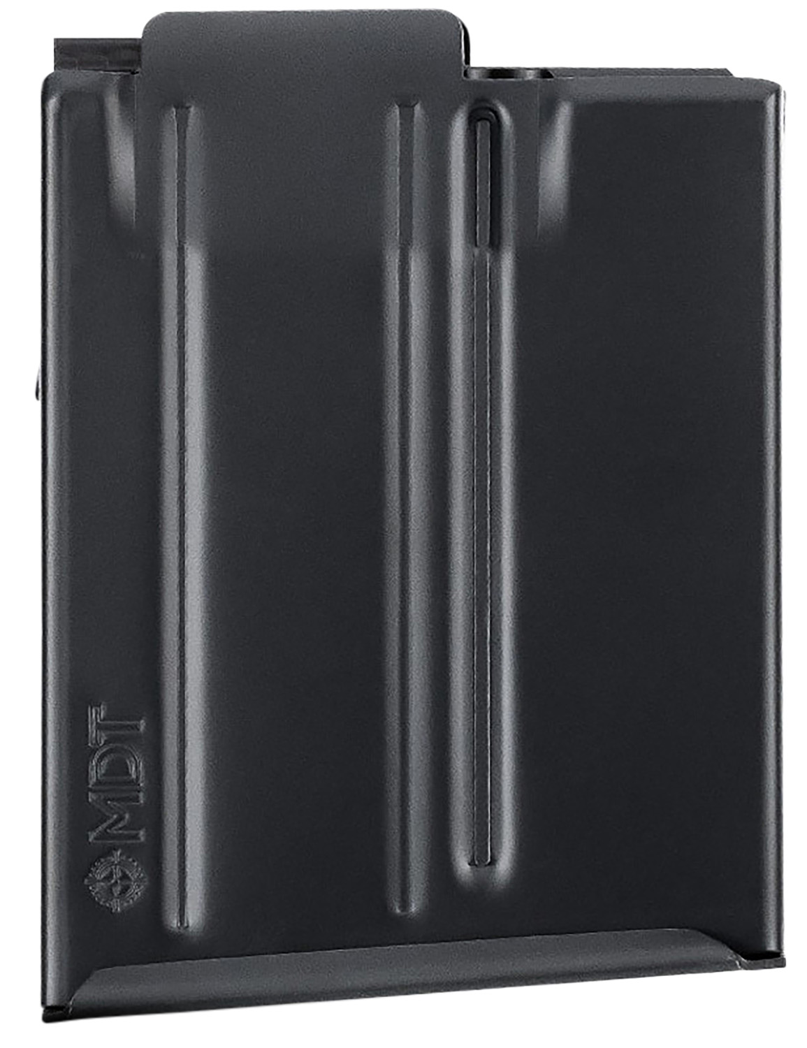 Black metal rifle magazine with MDT logo