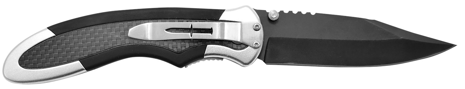 Black folding pocket knife with silver handle
