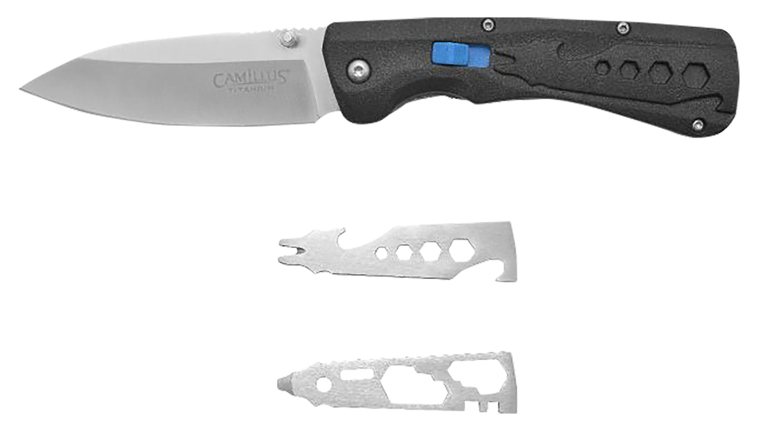 Folding knife with black handle and tool inserts