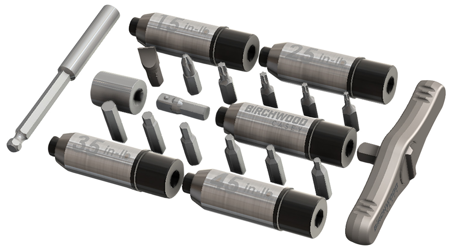 Adjustable torque driver kit with interchangeable bits