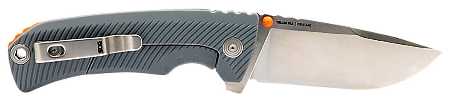 Gray folding pocket knife with silver blade