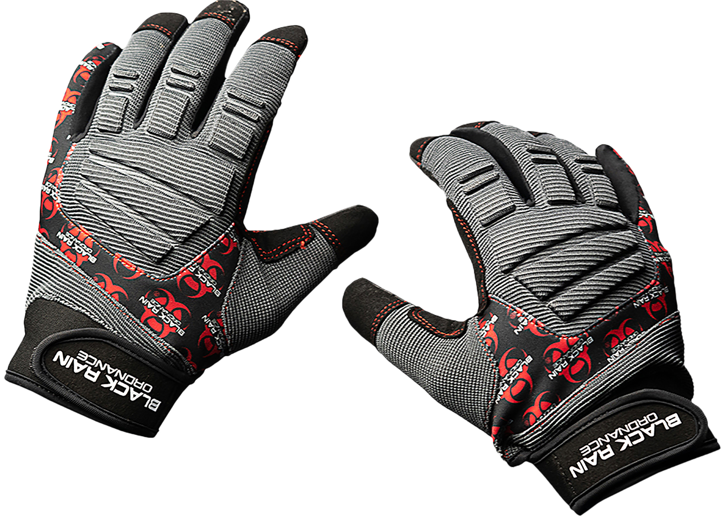 Black and gray protective work gloves with red accents