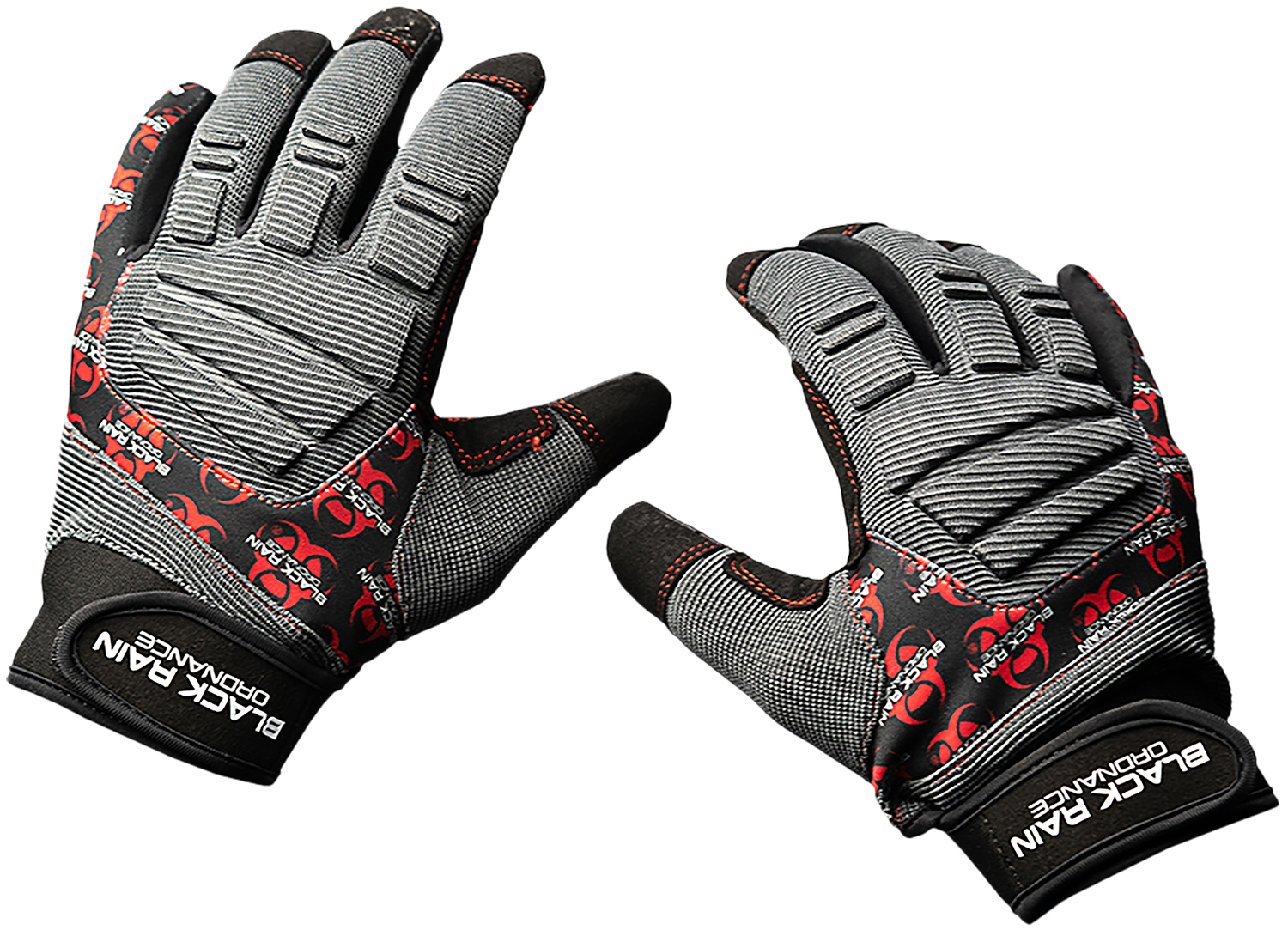Gray and black tactical gloves with red accents