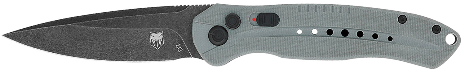 Gray-handled folding knife with black blade