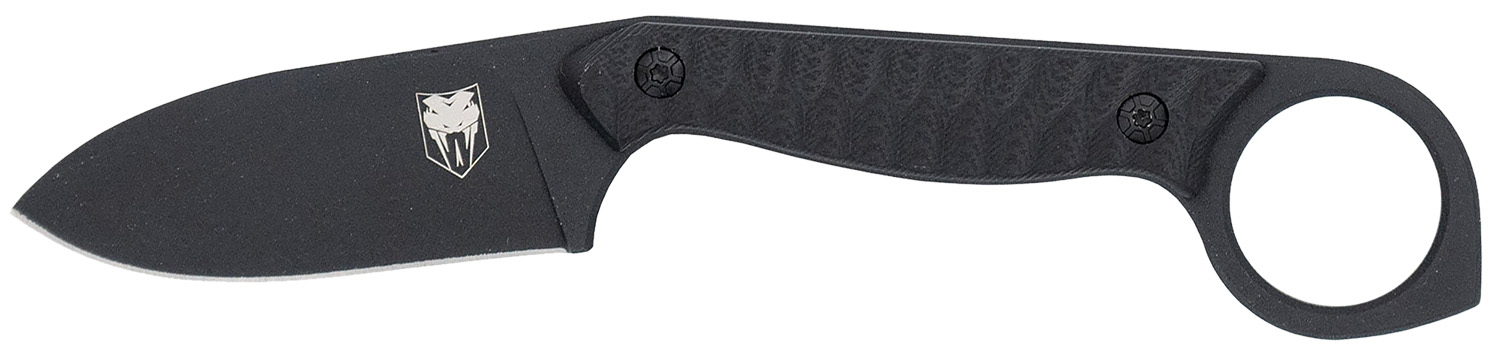 Black fixed-blade knife with finger ring handle