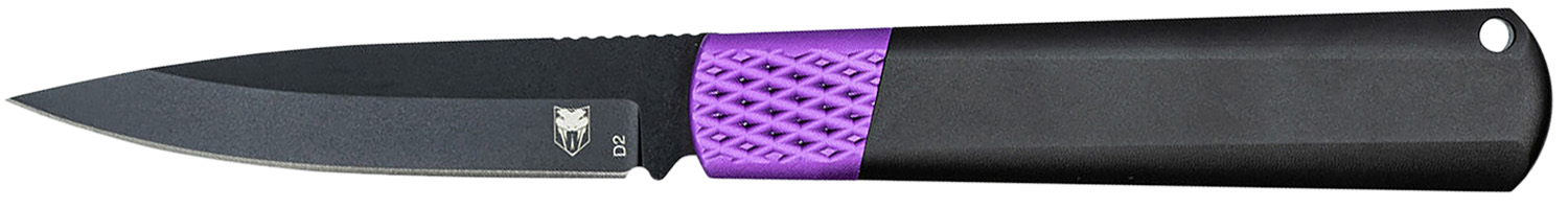 Black fixed-blade knife with purple handle grip