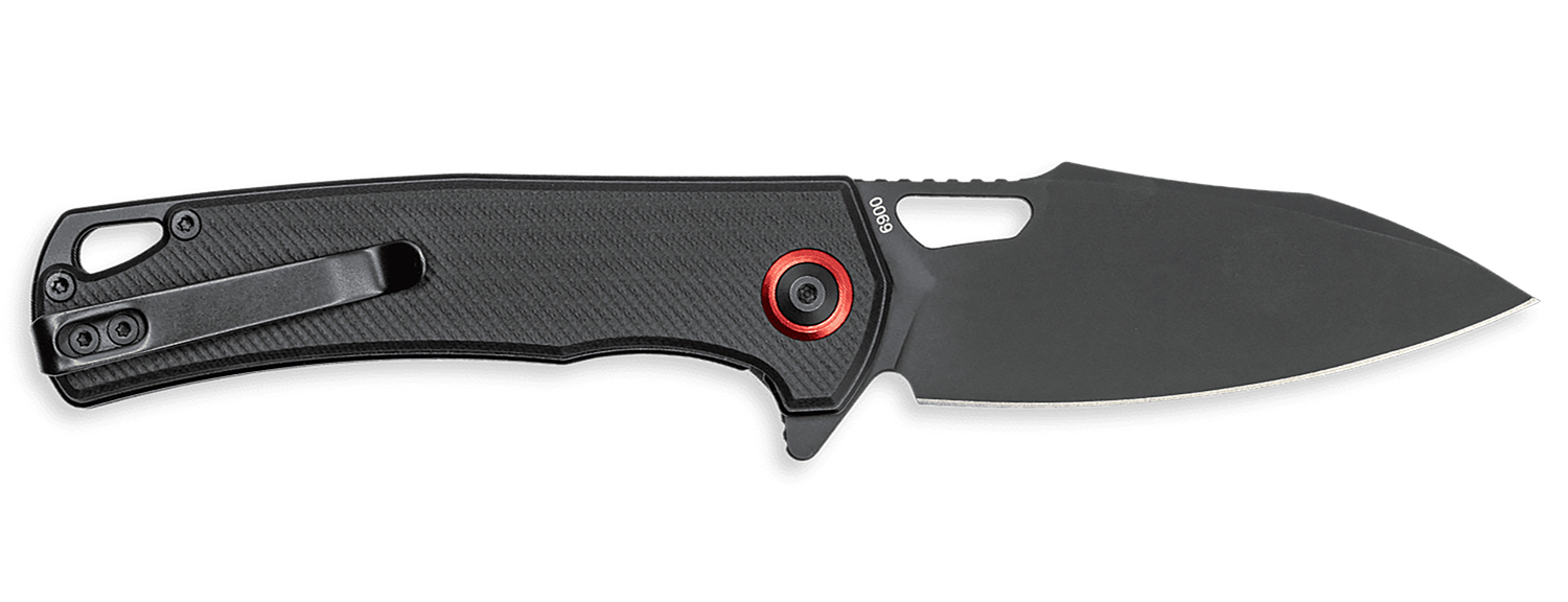 Black folding pocket knife with red pivot accent