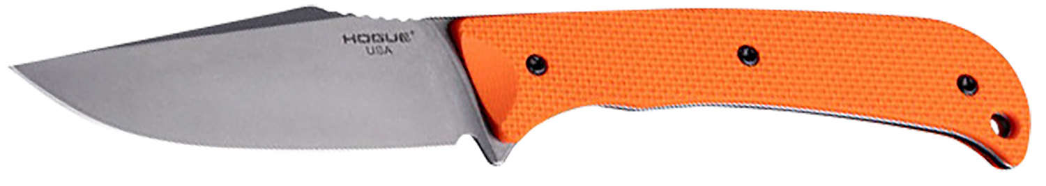 Orange-handled fixed blade knife on white background
